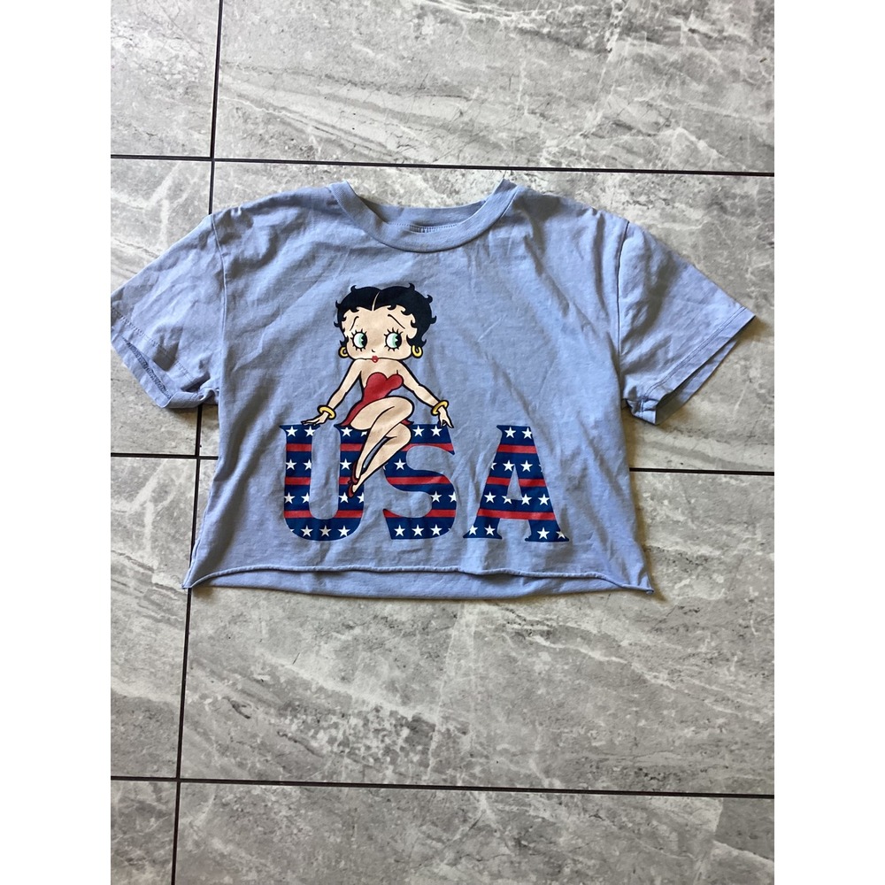 Betty Boop USA Graphic Crop Top Blue Stars Stripes Short Sleeve Tee XS 1460